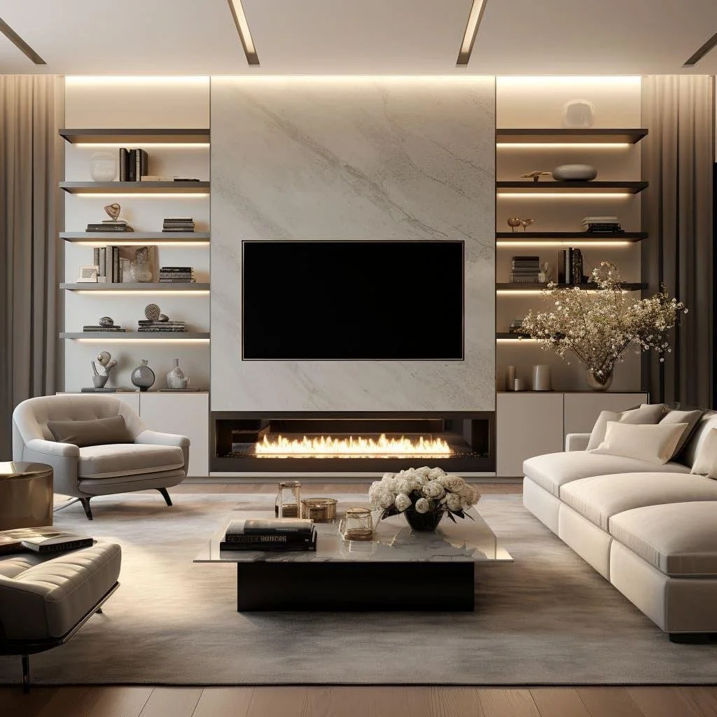 Media wall with shelving in a contemporary living room